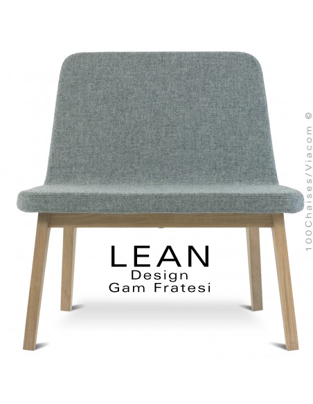Fauteuil lounge LEAN pour salle d'attente ou salon, structure chêne massif huilé, assise tissu couleur gris/bleu.