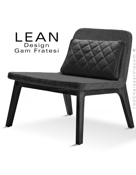 Fauteuil lounge LEAN pour salle d'attente, en chêne massif teinté noir, assise tissu couleur anthracite, coussin noir.