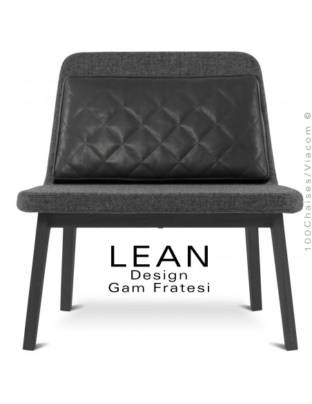 Fauteuil lounge LEAN pour salle d'attente, en chêne massif teinté noir, assise tissu couleur anthracite, coussin noir.
