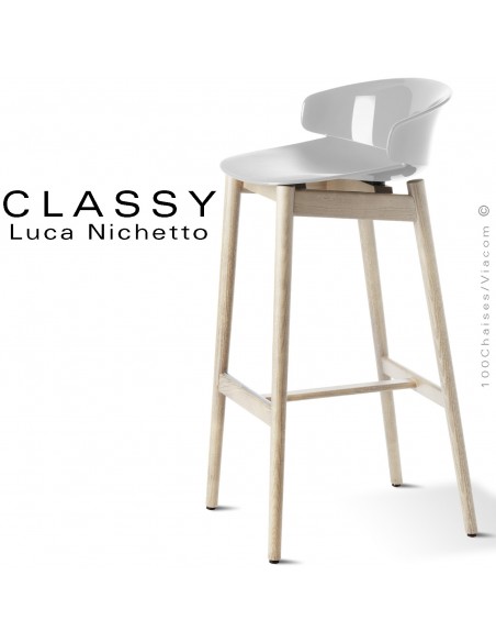 Tabouret design Classy, piétement bois de Frêne teinté gris, assise coque plastique couleur blanche.