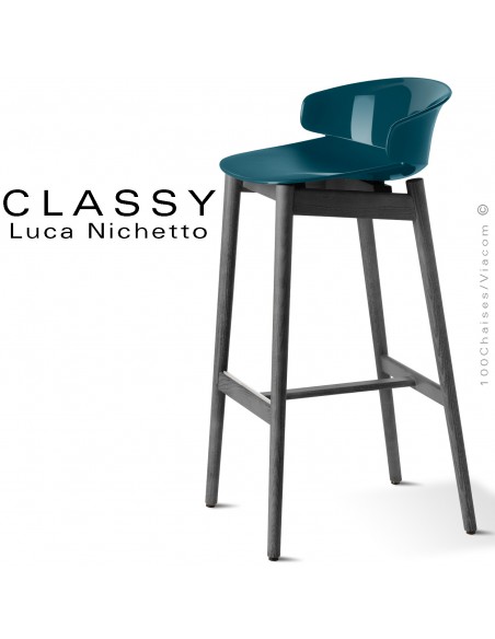 Tabouret design Classy, piétement bois de Frêne teinté noire, assise coque plastique couleur bleu d'eau.