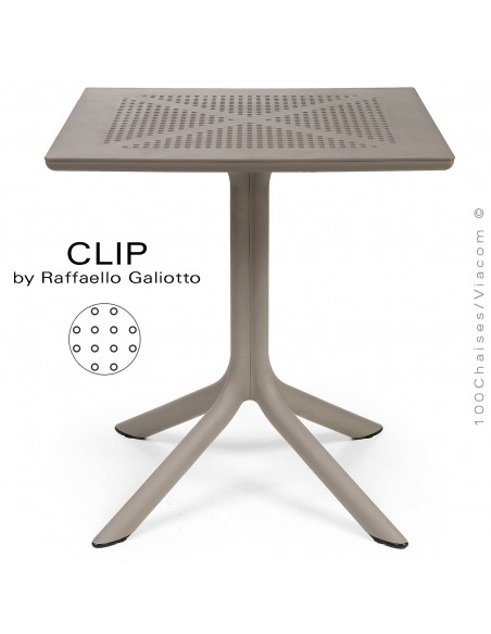 Table design CLIP plateau 70x70 cm., couleur gris tourterelle, motif rond.
