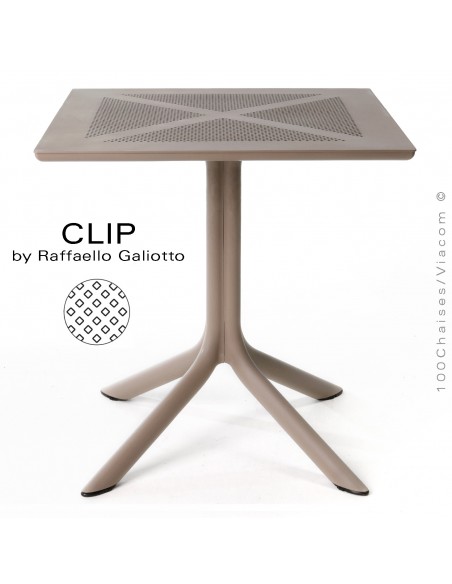 Table design CLIPX plateau 70x70 cm., couleur gris tourterelle, motif carré.