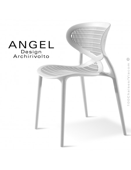 Chaise design ANGEL, structure 4 pieds en plastique, assise et dossier ajourés couleur blanche.