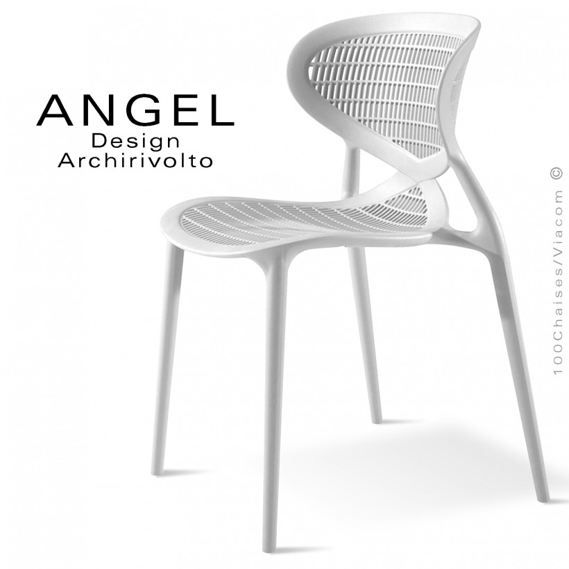 Chaise design ANGEL, structure 4 pieds en plastique, assise et dossier ajourés couleur blanche.