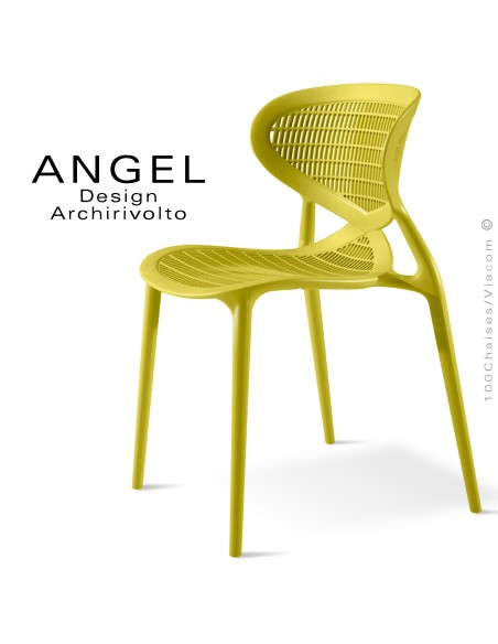 Chaise design ANGEL, structure 4 pieds en plastique, assise et dossier ajourés couleur jaune citron.