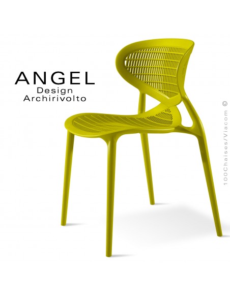 Chaise design ANGEL, structure 4 pieds en plastique, assise et dossier ajourés couleur vert-jaune.