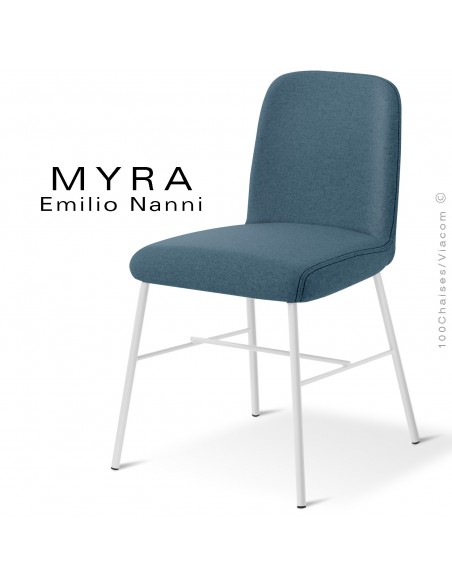 Chaise design MYRA, piétement peint blanc, assise tissu bleu foncé.