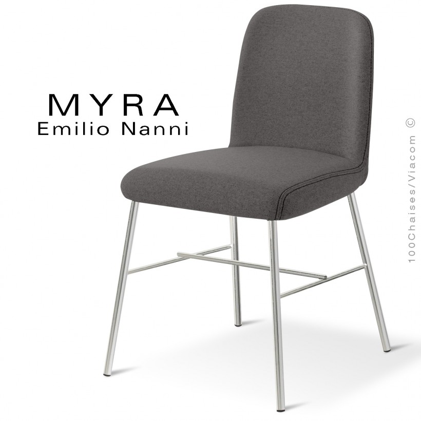 Chaise design MYRA, piétement chromé brillant, assise tissu couleur gris foncé.
