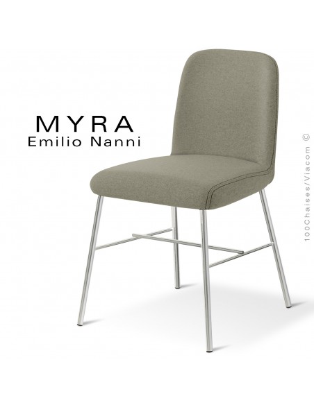Chaise design MYRA, piétement chromé brillant, assise tissu couleur gris-vert.