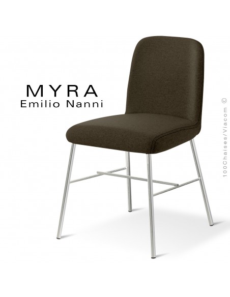 Chaise design MYRA, piétement chromé brillant, assise tissu couleur marron.
