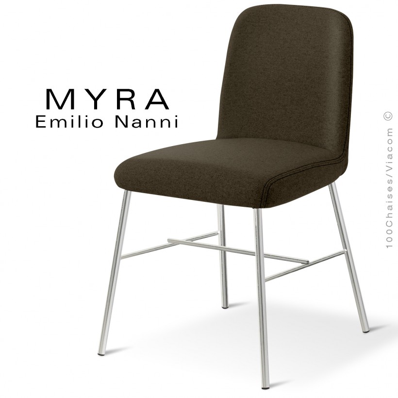 Chaise design MYRA, piétement chromé brillant, assise tissu couleur marron.
