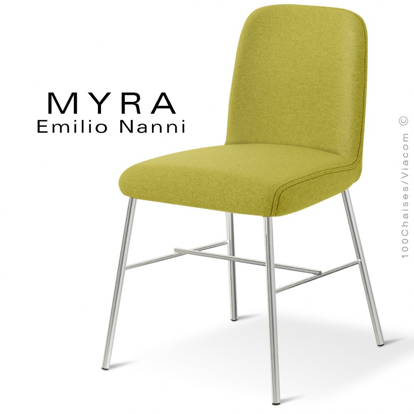 Chaise design MYRA, piétement chromé brillant, assise tissu couleur vert pistache.