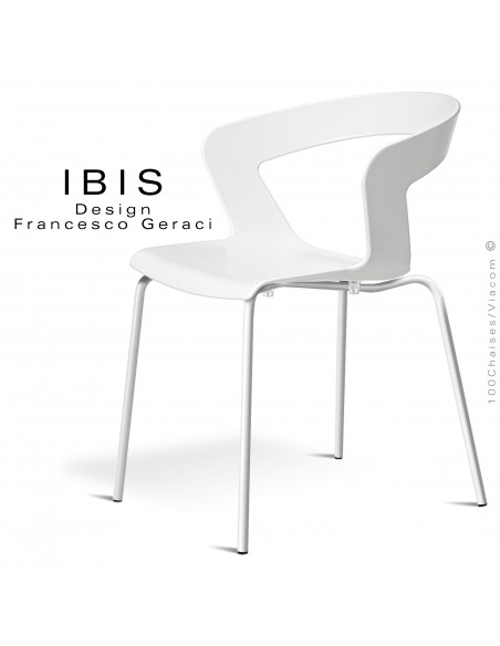 Chaise design IBIS piétement peint blanc, assise coque plastique couleur blanc.