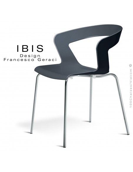 Chaise design IBIS piétement chromé brillant, assise coque plastique couleur anthracite.