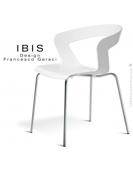 Chaise design IBIS piétement chromé brillant, assise coque plastique couleur blanche.