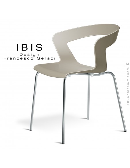 Chaise design IBIS piétement chromé brillant, assise coque plastique couleur gris Tourterelle.