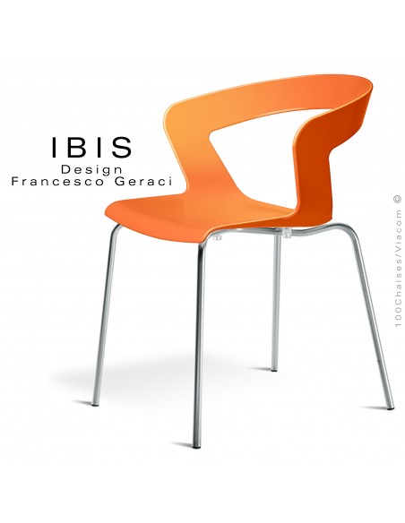 Chaise design IBIS piétement chromé brillant, assise coque plastique couleur orange.