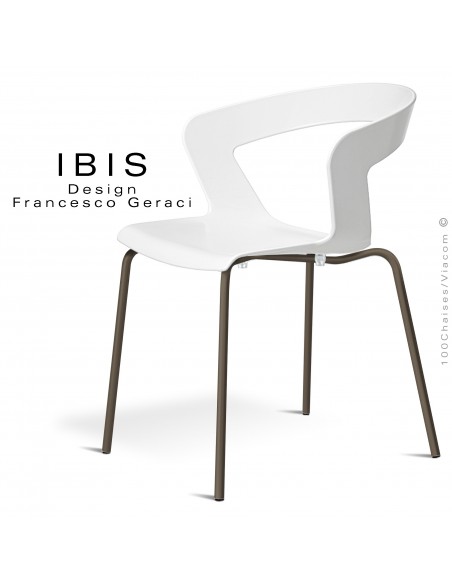 Chaise design IBIS piétement peint marron, assise coque plastique couleur blanche.