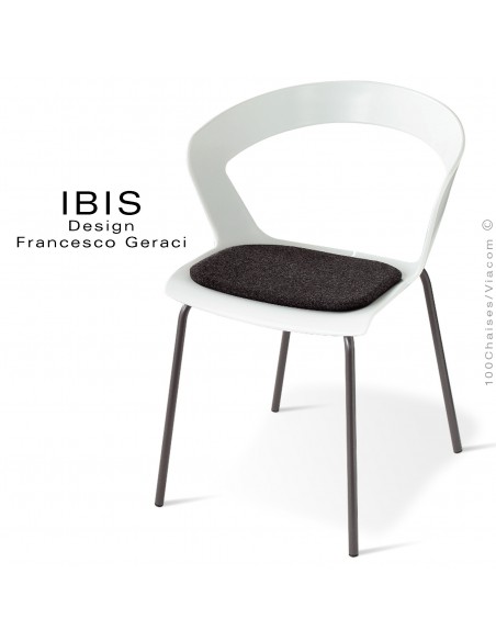 Chaise design IBIS assise coque couleur avec coussin couleur anthracite, piétement acier chromé ou peint au choix.