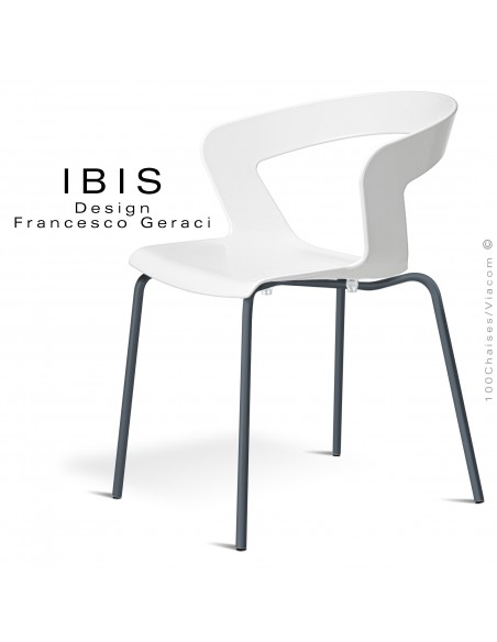 Chaise design IBIS piétement peint anthracite, assise coque plastique couleur blanche.