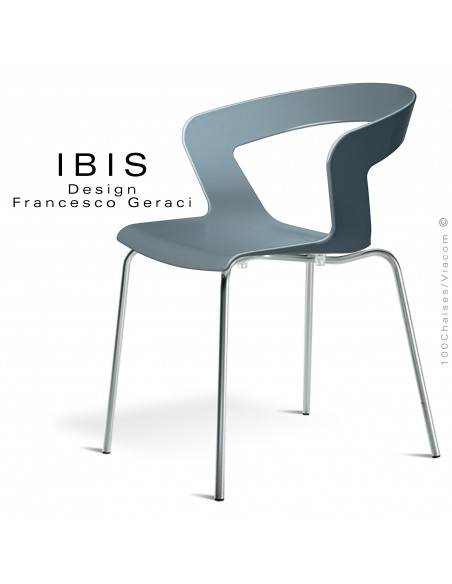 Chaise design IBIS piétement chromé brillant, assise coque plastique couleur gris petit gris.