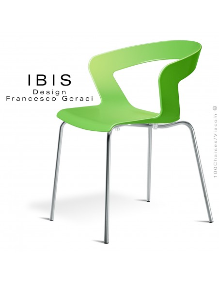 Chaise design IBIS piétement chromé brillant, assise coque plastique couleur verte.