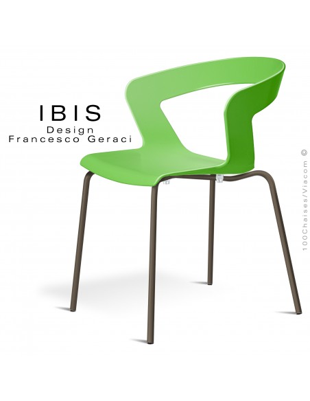 Chaise design IBIS piétement peint marron, assise coque plastique couleur verte.