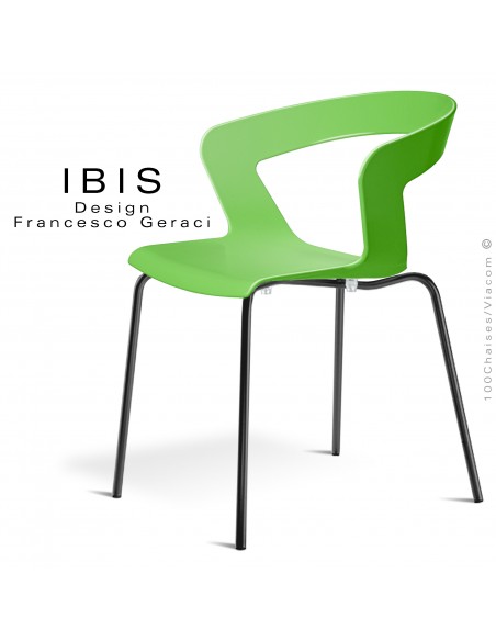 Chaise design IBIS piétement peint noir, assise coque plastique couleur verte.
