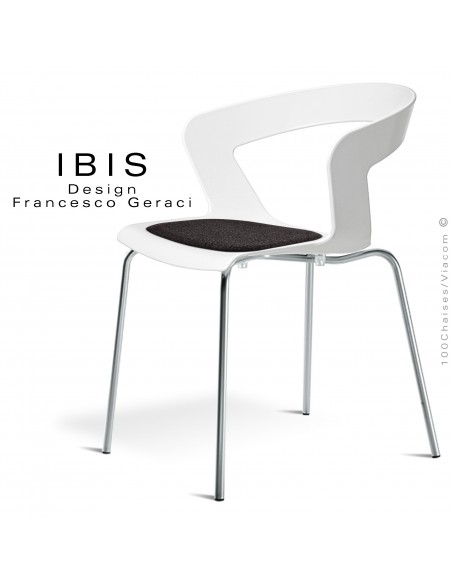 Chaise design IBIS piétement chromé brillant, assise coque plastique couleur blanche avec coussin anthracite.