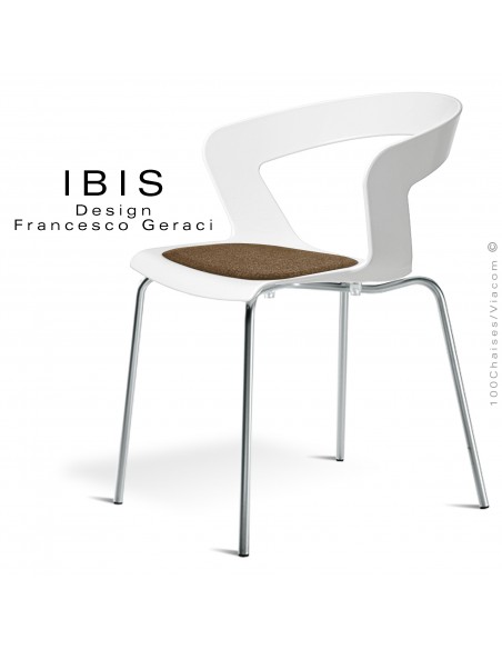 Chaise design IBIS piétement chromé brillant, assise coque plastique couleur blanche avec coussin sable.