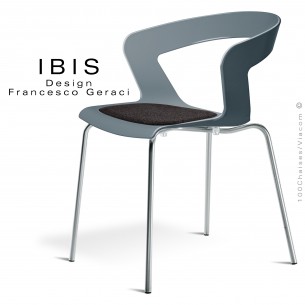 Chaise design IBIS piétement chromé brillant, assise coque plastique couleur gris petit gris avec coussin anthracite.
