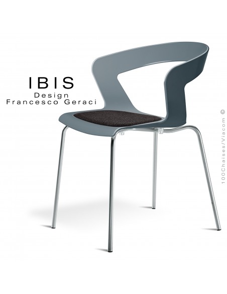 Chaise design IBIS piétement chromé brillant, assise coque plastique couleur gris petit gris avec coussin anthracite.