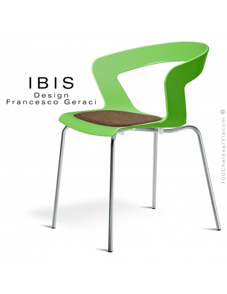 Chaise design IBIS piétement chromé brillant, assise coque plastique couleur verte avec coussin sable.