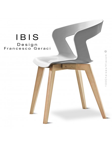 Chaise IBIS, piétement bois de hêtre vernis châtaignier, assise coque couleur blanche.