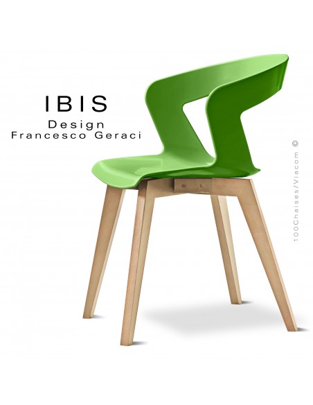 Chaise IBIS, piétement bois de hêtre vernis châtaignier, assise coque couleur vert pomme.