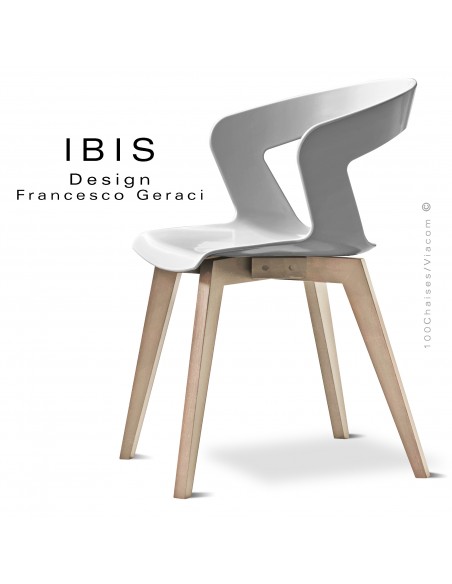 Chaise IBIS, piétement bois de hêtre vernis ou teinté miel, assise coque couleur blanche.