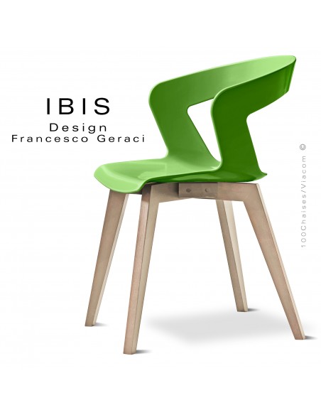 Chaise IBIS, piétement bois de hêtre vernis ou teinté miel, assise coque couleur vert pomme.