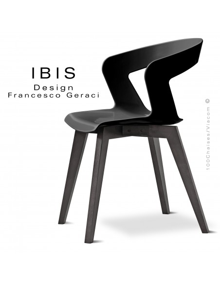 Chaise IBIS, piétement bois de hêtre vernis ou teinté noir, assise coque couleur anthracite.