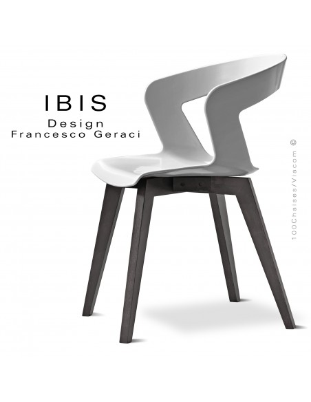 Chaise IBIS, piétement bois de hêtre vernis ou teinté noir, assise coque couleur blanche.