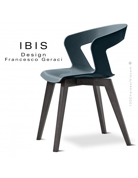 Chaise IBIS, piétement bois de hêtre vernis ou teinté noir, assise coque couleur gris petit gris.