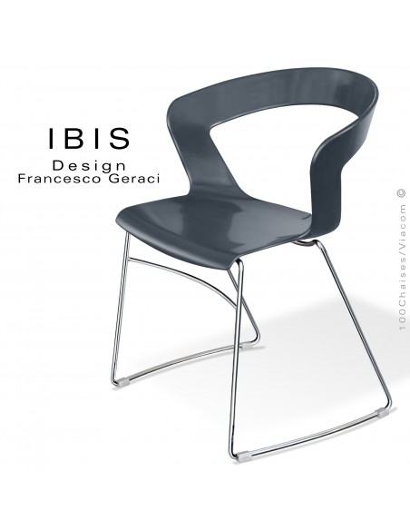Chaise design IBIS, assise plastique couleur anthracite, piétement type luge chromé brillant.