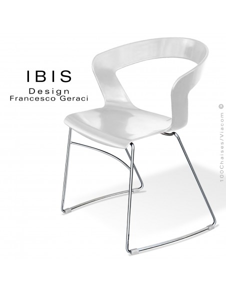 Chaise design IBIS, assise plastique couleur blanc, piétement type luge chromé brillant.