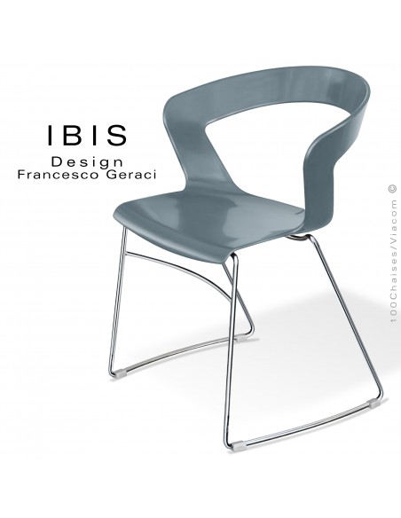 Chaise design IBIS, assise couleur gris petit gris, piétement type luge chromé brillant.