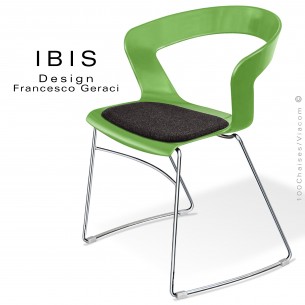 Chaise design IBIS, assise couleur vert pomme avec coussin feutre anthracite, piétement type luge chromé brillant.