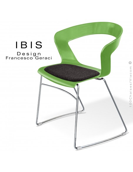 Chaise design IBIS, assise couleur vert pomme avec coussin feutre anthracite, piétement type luge chromé brillant.