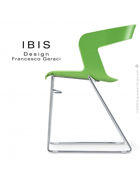 Chaise design IBIS, assise couleur vert pomme, piétement type luge chromé brillant.