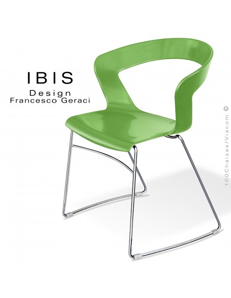 Chaise design IBIS, assise couleur vert pomme, piétement type luge chromé brillant.