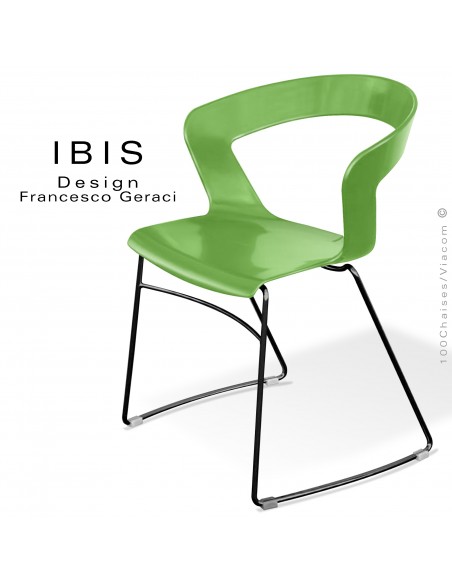Chaise design IBIS, assise couleur vert pomme, piétement type luge peint noir.