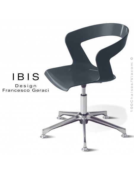 Chaise design pivotante IBIS, assise coque anthracite avec élévation, piétement aluminium brillant.